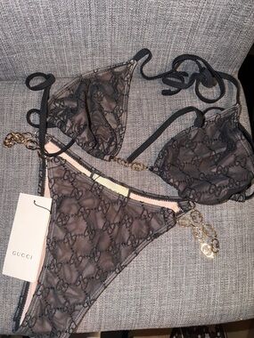 Black Logo Mesh Triangle Bikini with Gold Chain Accents